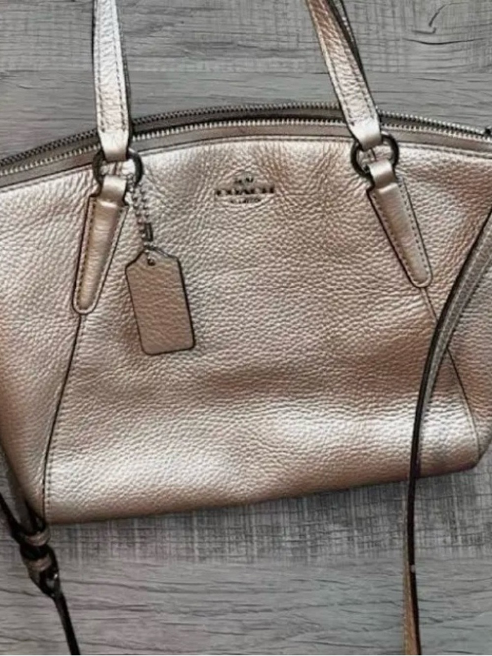 Coach Metallic Pebbled Leather Shoulder Tote in Champagne Gold